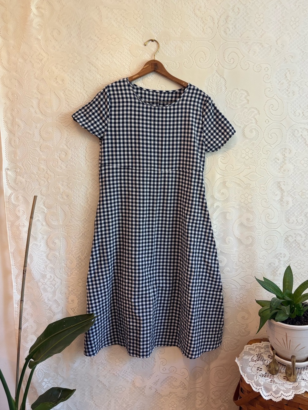Classic Navy and White Gingham Short-Sleeve Dress